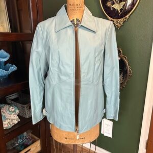 Pamela McCoy Sky Blue Leather Jacket